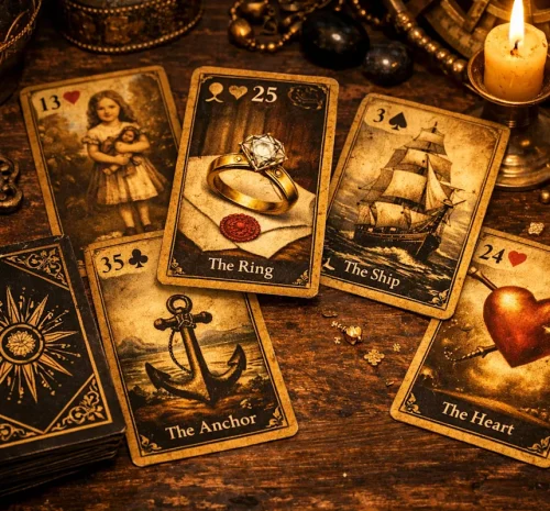 Lenormand card reading on antique table
