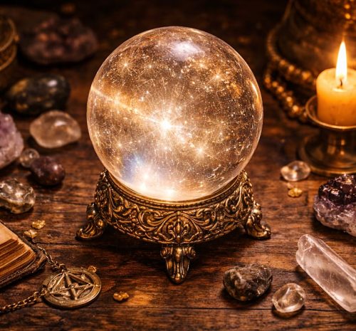 Mystical crystal and glowing gemstones